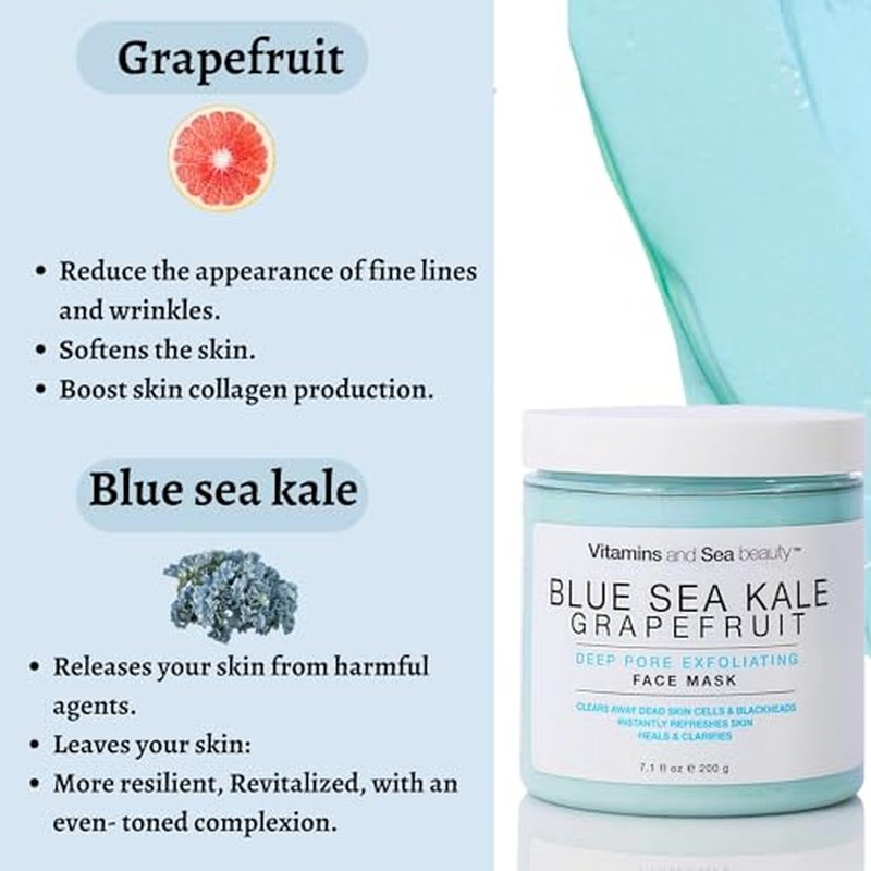 VITAMINS AND SEA BEAUTY, Exfoliating Face Mask Deep Cleansing Purifying Blackhead Pore Control with Blue Sea Kale and Grapefruit, Skincare for All Skin Types, 8.5 Fl Oz