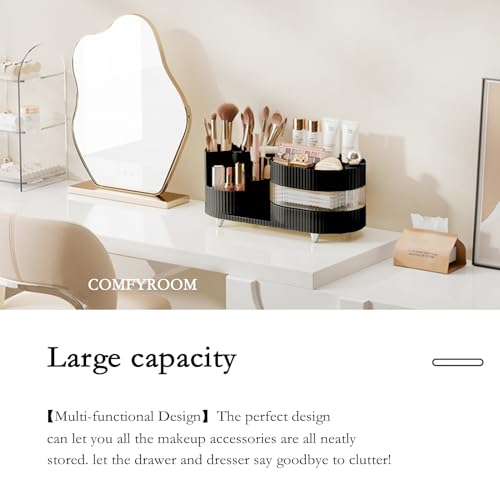 Rotating Makeup Organizer for Vanity with Brush Holder and Drawer, 3 Layer Cosmetic Makeup Storage, Large Makeup Skincare Organizer, Countertop Makeup Perfume Organizer, Lotions Display Case (Brown)