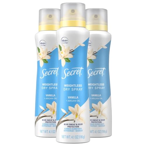 Secret Dry Spray Antiperspirant Deodorant for Women, 48hr Weightless Sweat & Odor Protection, Gentle on Skin, Vanilla & Argan Oil Scent, 4.1 oz (Pack of 3)