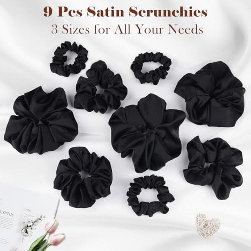 Gwabee 9 Pack Satin Hair Scrunchies for Women, No Damage Hair Ties Soft Scrunchie - Ideal Elastic Ponytail Holders for Curly Thick Hair, 3 Sizes Scrunchies Accessories Set for Women Girls (Black)