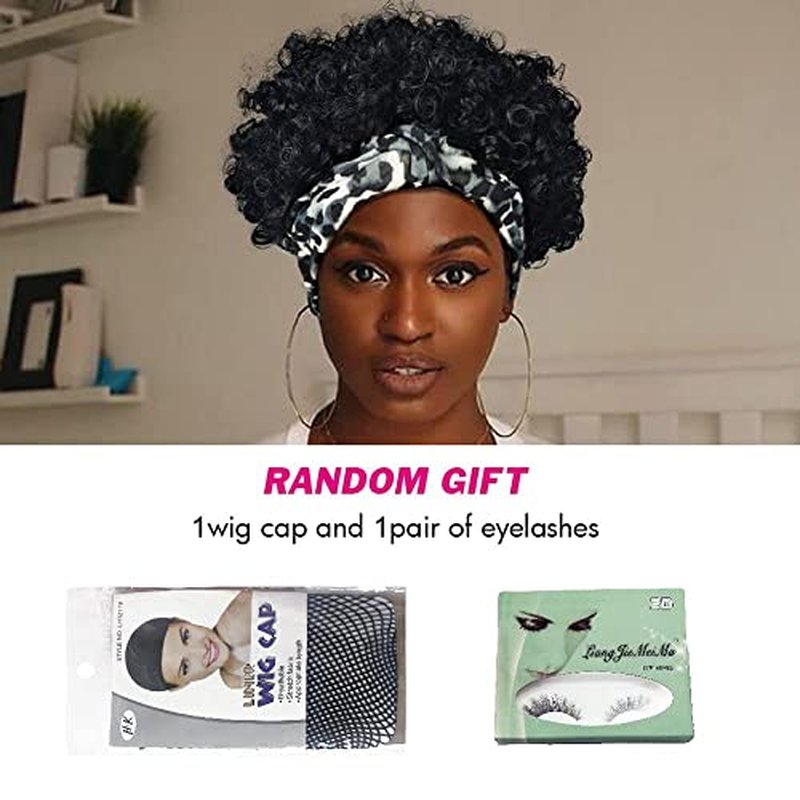 Allyreetress Short Afro Wigs for Black Women Afro Kinky Curly Wigs with Headbands Attached No Drawstring Leopard Short Headband Afro Puff Wigs for Black Women