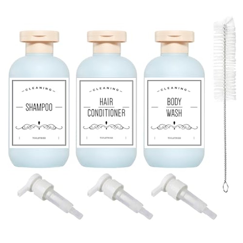 Qeuly Squeeze Bottles with Pump Dispenser and Flip Cap, 6.8 oz Refillable Travel Containers for Toiletries, Plastic Travel Shampoo and Conditioner Bottles (Blue 200)