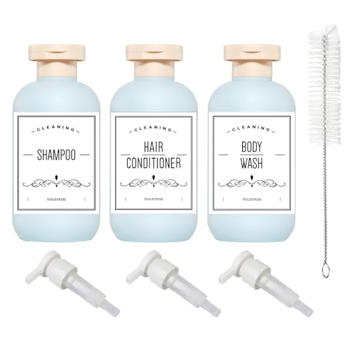 Qeuly Squeeze Bottles with Pump Dispenser and Flip Cap, 6.8 oz Refillable Travel Containers for Toiletries, Plastic Travel Shampoo and Conditioner Bottles (Blue 200)