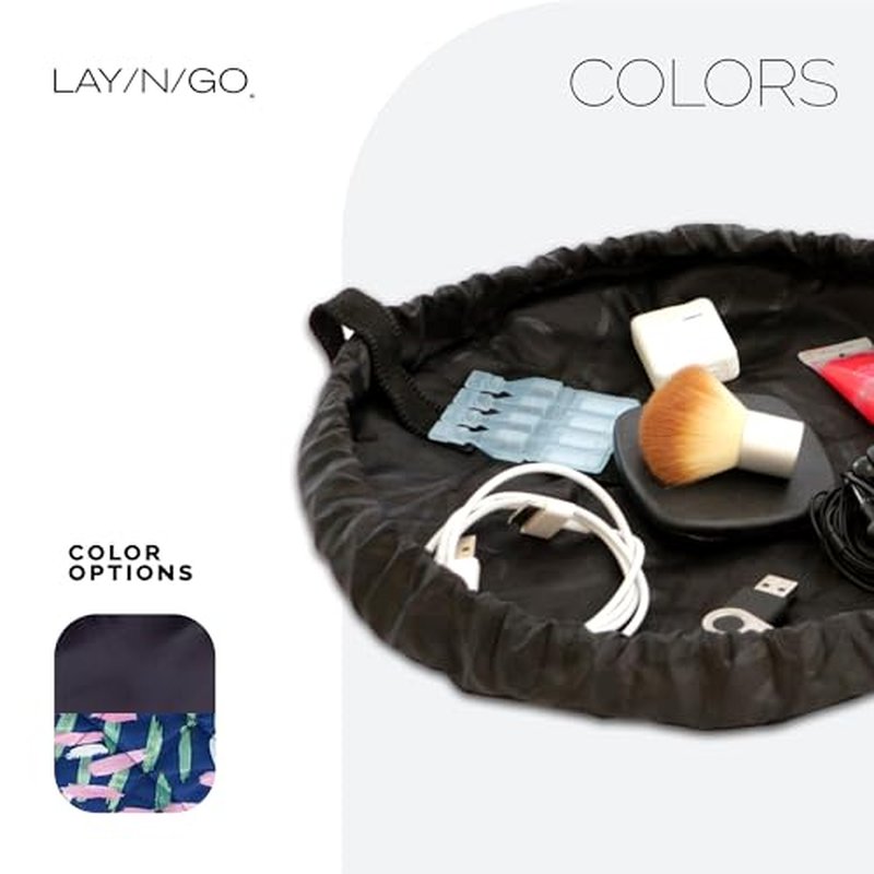 Lay-n-Go Cosmo Drawstring Cosmetic & Makeup Bag Organizer - Portable Drawstring Makeup Bag w/Zipper Pocket, Makeup Loops & More - Durable, Machine Washable Makeup Bag for Travel (20”, Navy/Green)