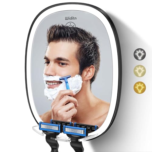 Widitn LED Shower Mirror Fogless for Shaving, Adjustable Shaving Mirror with Razor Holder, 3 Colors Dimmable Lighting, Wall-Mounted, Shatterproof Anti-Fog Bathroom Shower Mirror for Man