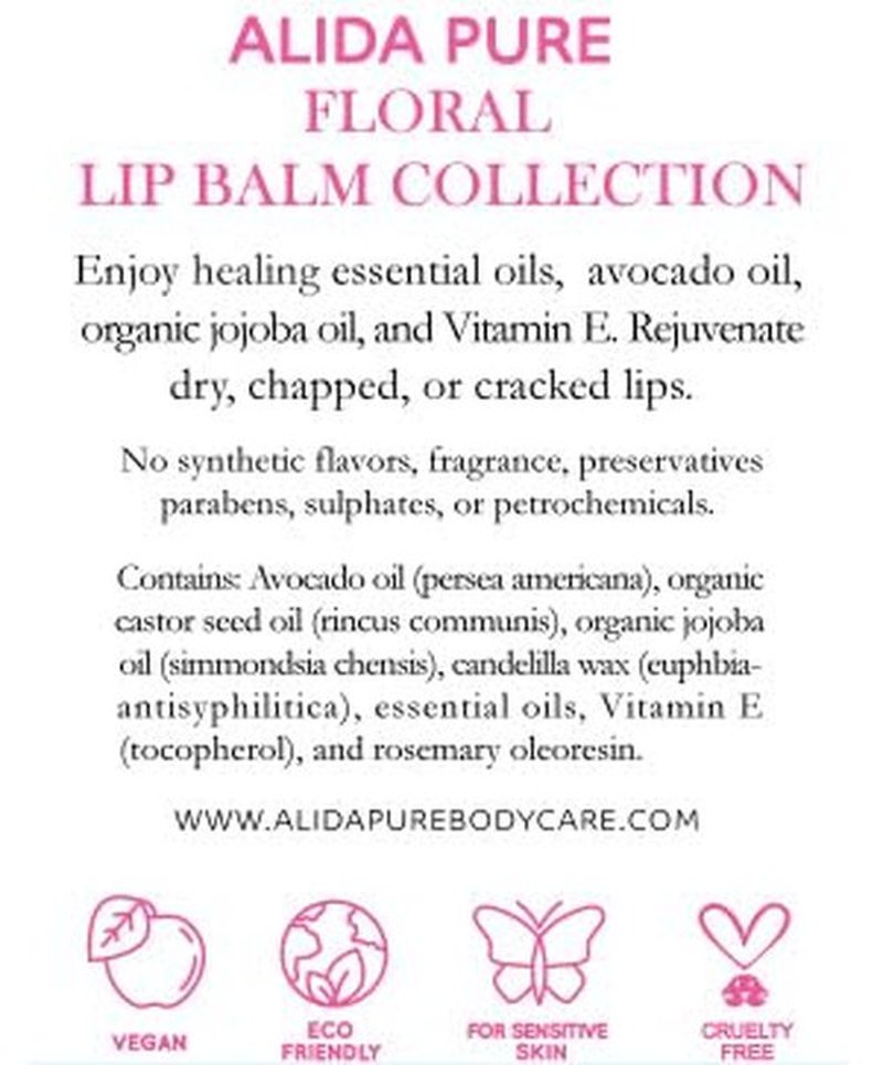 ALIDA PURE Floral Lip Balm Collection, Vegan Lip Balm Set, Beeswax Free, with Avocado Oil, Organic Jojoba Oil, and Vitamin E, Natural Moisturizer for Dry, Chapped or Cracked Lips, 3 Tube Set