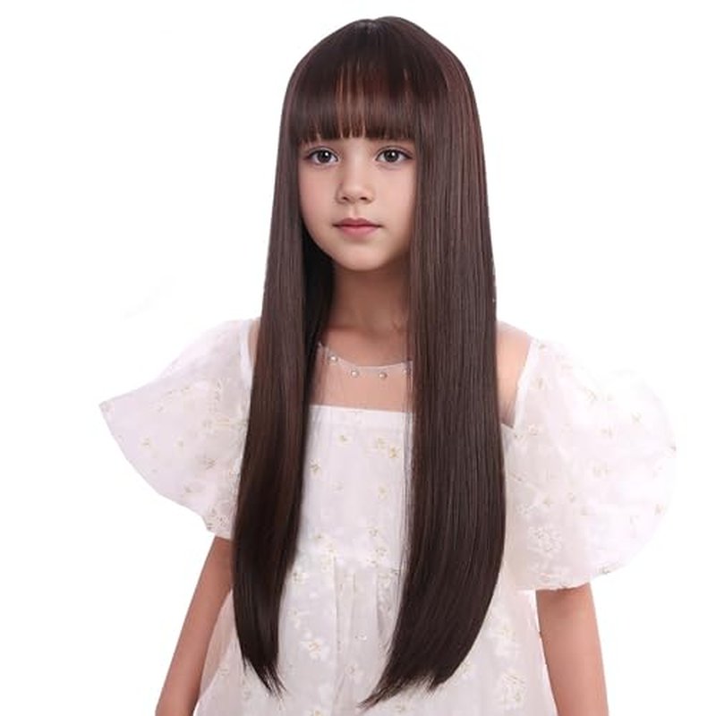 Edivd Brown Wig for Kids Girls Long Brown Wig with Air Bangs Long Brown Straight Wig for Child Heat Resistant Synthetic Wig with Wig Cap