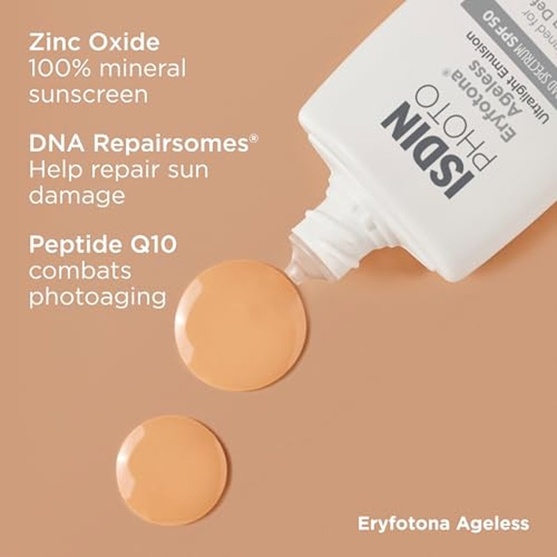 ISDIN Eryfotona Ageless Tinted Mineral Sunscreen for Face, SPF 50 Zinc Oxide Formula Helps Repair Sun Damage, 1.7 Fl.Oz. Travel-Size Tube, Water Resistant and Non-comedogenic