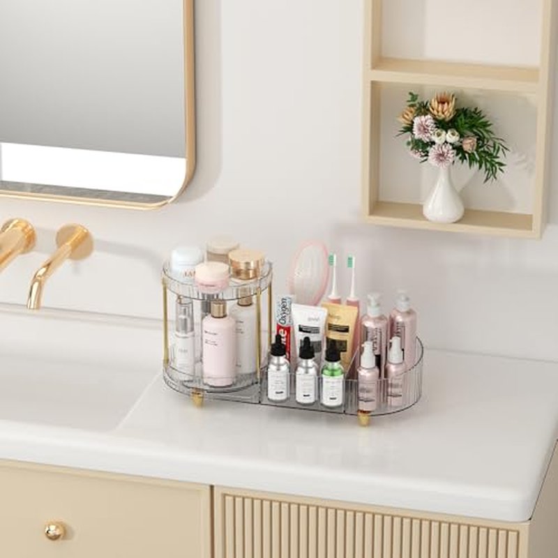 Makeup Organizer Countertop for Vanity with 360 Rotating Perfume Trays, 7-Compartment Skincare Organizers and Make Up Desk Storage, Cosmetic Organizer with Brush Holder for Bedroom Bathroom Counter