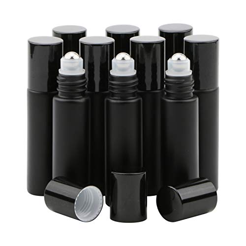 Kesell Glass Roller on Bottle, 10ml Refillable Essential Oil Bottle with Stianless Steel Ball, Pack of 10 (Black)