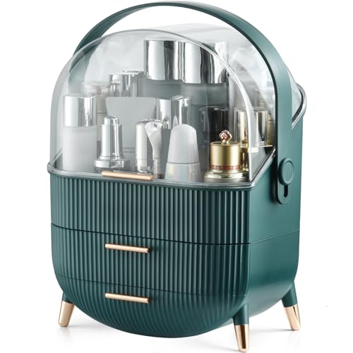 CANITORON Makeup Organizer,Large Capacity Skincare Organizer for Vanity,Cosmetic Organizer with 2 Drawers and Transparent Cover for Bedroom Countertop and Bathroom Countertop Storage.(Amber)