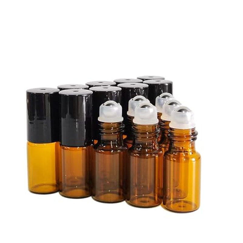 PYAWI 50 PCS 3ml Amber Glass Roller Bottle,Essential Oil Sample Vials with Stainless Steel Roller Ball,Black Caps,for Travel Perfume Cosmetics Small Container(2 Funnels, 2 Dropper, 1 Opener) (3ml)
