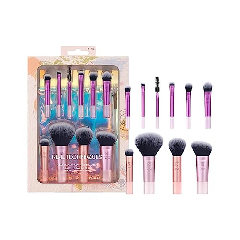 Real Techniques 11 Piece Travel Fantasy Mini Brush Set, Travel Size Makeup Brushes For Foundation Eyeshadow, Powder, Blush, Contour, & Concealer, Makeup Bag Included, Gift Set, Cruelty-Free