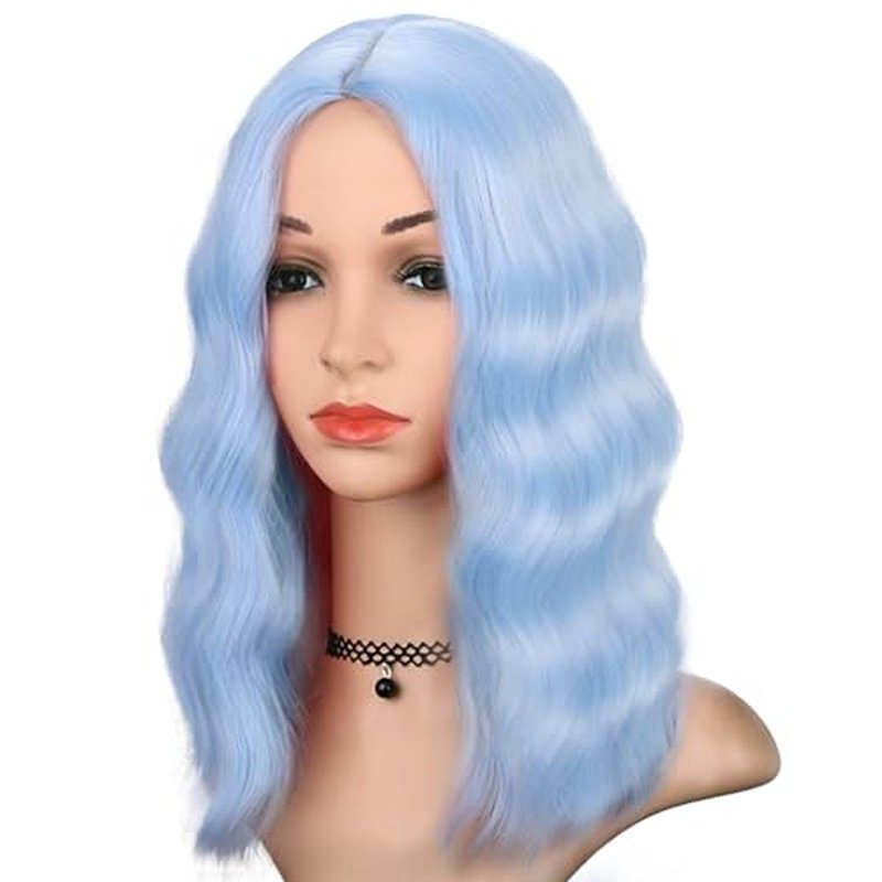 BEAUTIFA Dark Purple Wig for Women, Wavy Curly Purple Bob Wigs Middle Part 14 Inch Shoulder Length Heat Resistant Synthetic Colorful Wig