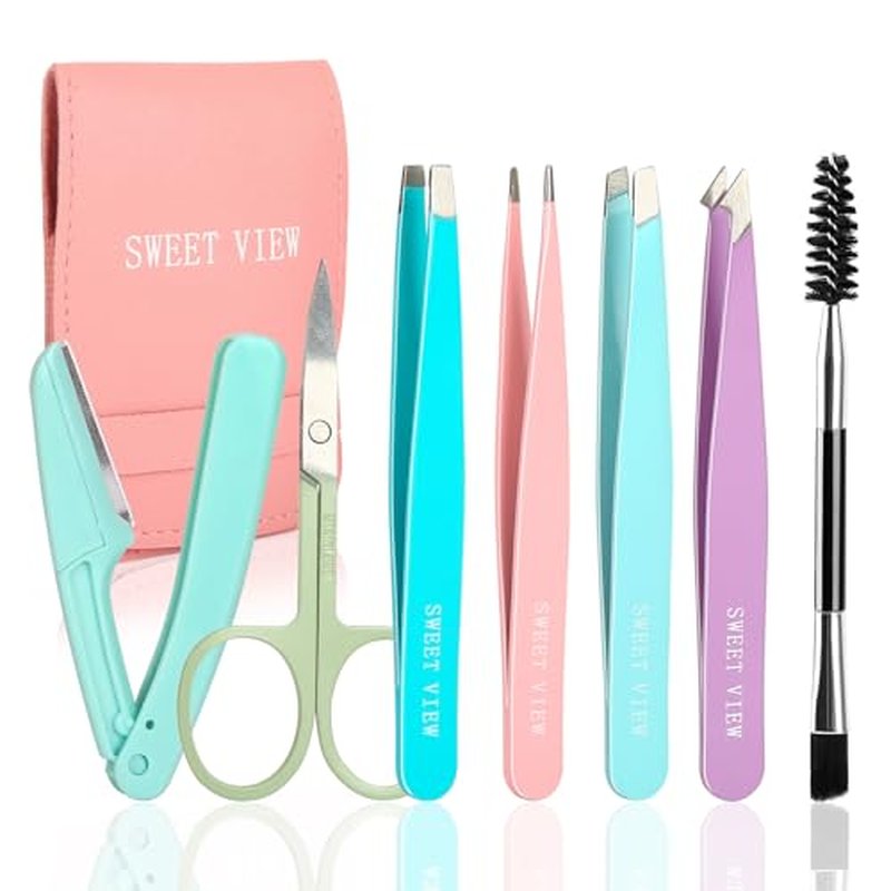 SWEET VIEW 7pcs Eyebrow Tweezers Set, Stainless Steel Tweezers for Women and Man, Precision Plucker Tweezers for Facial Hair, Chin, Eyebrow, Splinter and Ingrown Hair