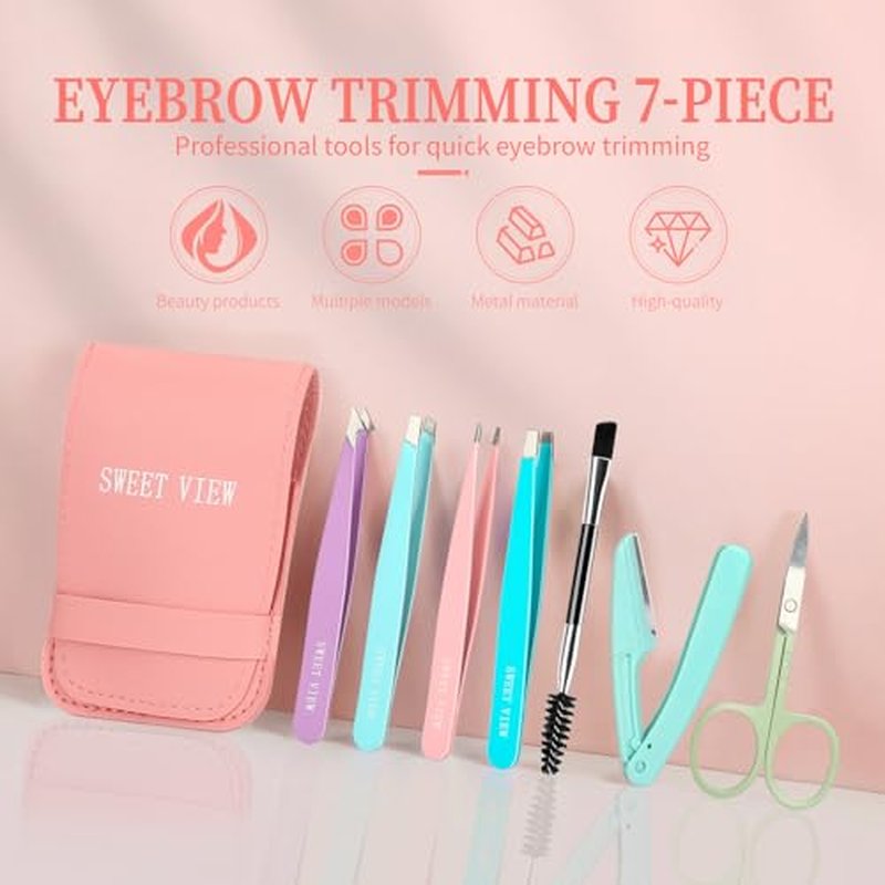 SWEET VIEW 7pcs Eyebrow Tweezers Set, Stainless Steel Tweezers for Women and Man, Precision Plucker Tweezers for Facial Hair, Chin, Eyebrow, Splinter and Ingrown Hair