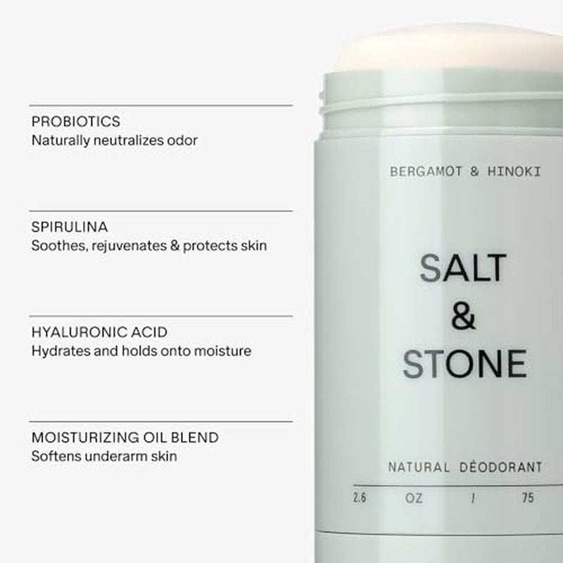 Salt & Stone Natural Deodorant for Women & Men - Bergamot & Hinoki | Extra Strength Natural Deodorant | Aluminum Free with Probiotics, Seaweed Extracts & Shea Butter (2.6 oz)