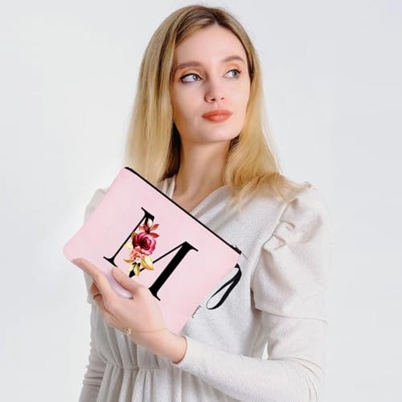 Vavabox A-Z Personalized Makeup Bag,Birthday Gifts for Women Mom,Gifts for Best Friend,Bride Bridesmaid Cosmetic bag (M, Pink)