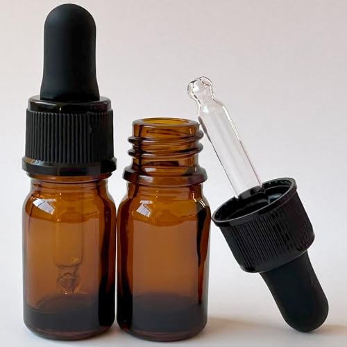 PIPIBA 24Pack 1/6 oz (5ml) Round Drip Tip Glass Eye Droppers. Essential Oil Glass Bottle. For Lab Bottles (Amber)