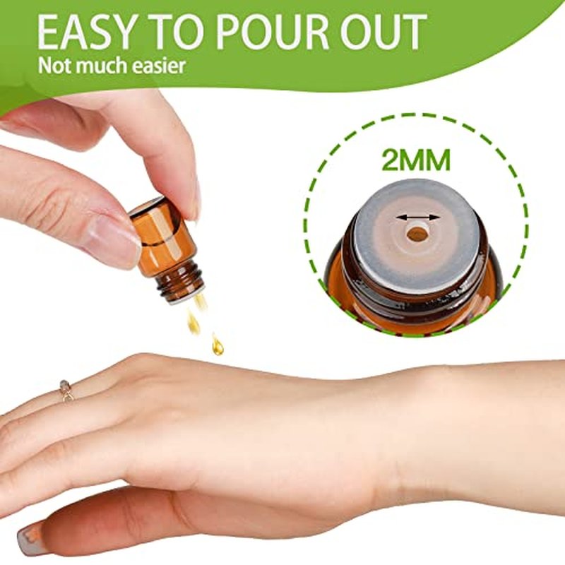 Teenitor Oil Bottles for Essential Oils, 36 Pcs 2 ml (5/8 Dram) Amber Glass Vials Bottles, with Orifice Reducers and Black Caps, with 2 Free Glass Transfer Eye Droppers