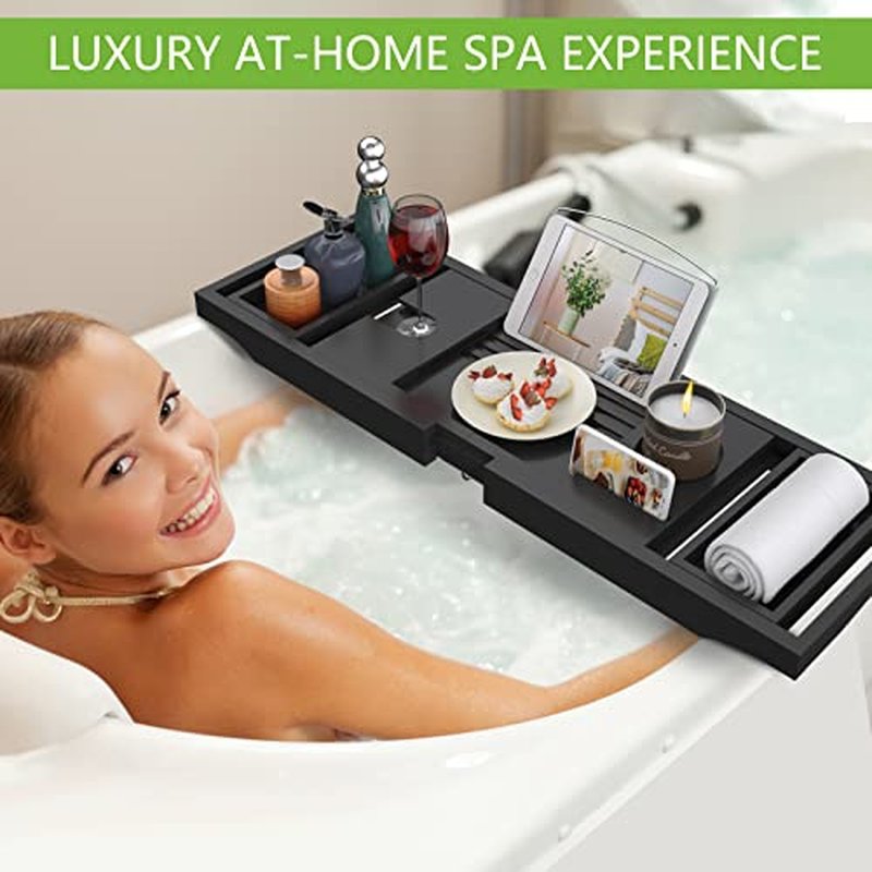 Luxury Bathtub Caddy Tray for Tub - Foldable Bamboo Bath Table Tray with Book and Wine Glass Holder, Expandable Bathroom Accessories for Spa or Reading Lite Style,Black