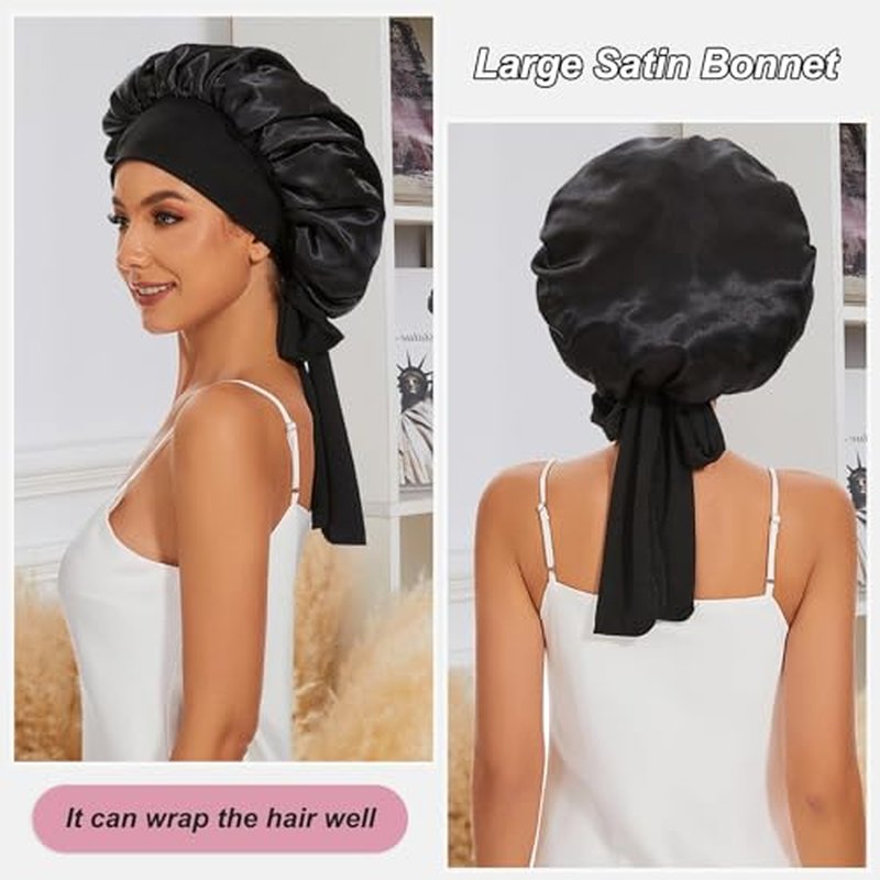 Satin Silk Bonnet Hair Bonnet for Sleeping Jumbo Sleep Cap, Black Bonnet for Women Curly Hair, Double Layer Bonnet with Tie Band