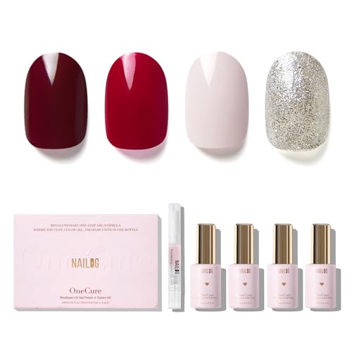 NAILOG Gel Nail Polish Set - 4 Colors Top Coat Color Gel Base 3-In-1 Soak Off UV Gel Polish Kit for Home DIY & Birthday Gifts for Women | Prussian Blue, Brick Red, Cotton White, Glitter