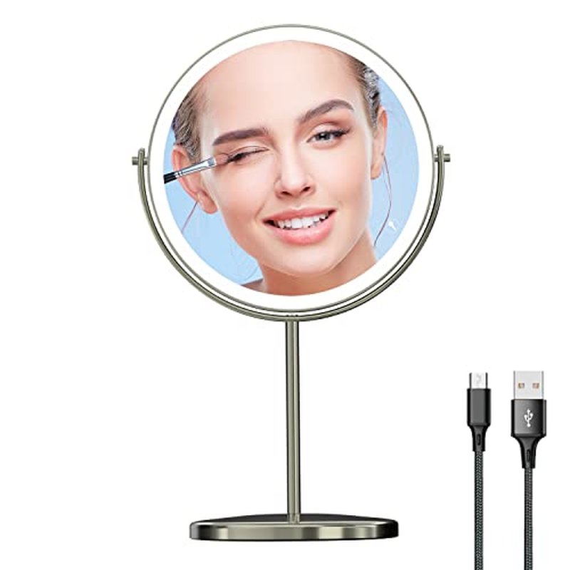 8" Lighted Makeup Mirror with Magnification, 1X/10X Magnifying Lighted Vanity Mirror, Double Sided 360 Swivel USB Rechargeable, 3 Colors Dimmable Lightning Mirror with 52 LEDs Brush Nickle