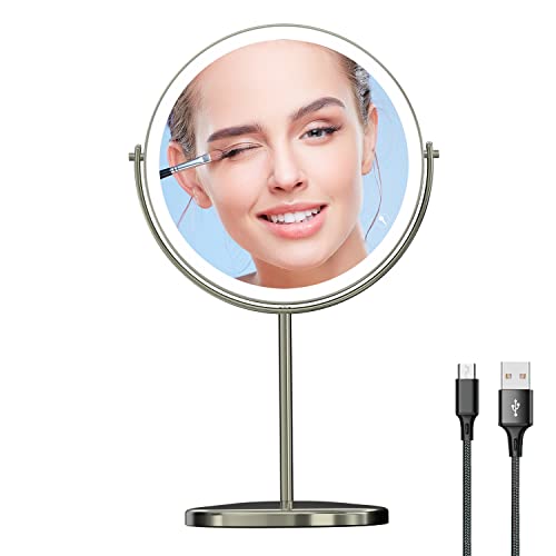 8" Lighted Makeup Mirror with Magnification, 1X/10X Magnifying Lighted Vanity Mirror, Double Sided 360 Swivel USB Rechargeable, 3 Colors Dimmable Lightning Mirror with 52 LEDs Brush Nickle