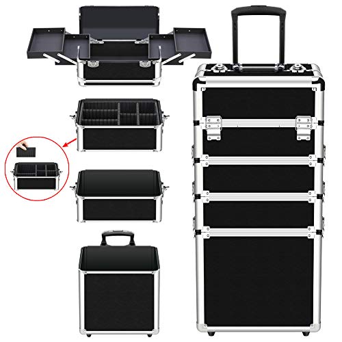 OUDMAY Makeup Train Case 4 in 1 Professional Cosmetics Rolling Organizer Aluminum Frame and Folding Trays