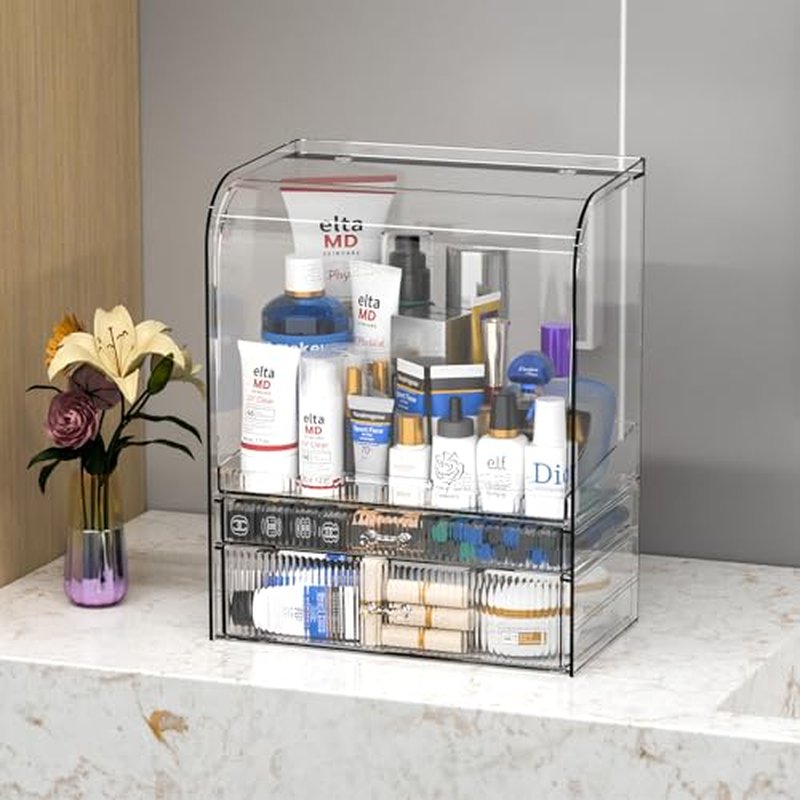 Clear Make up Organizers and Storage for Vanity With Dustproof Lid,Large Skincare Organizer and Bathroom Counter Organizer With 2 Drawers For Cosmetics,Lotion,Beauty Product Dresser Top Organizer Box