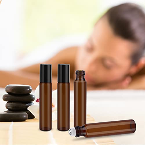 sungwoo 4 Pack Essential Oil Roller Bottles Stainless Steel, 10ml Amber Glass Roller Bottles with Caps for Travel, Perfume and Lip Gloss