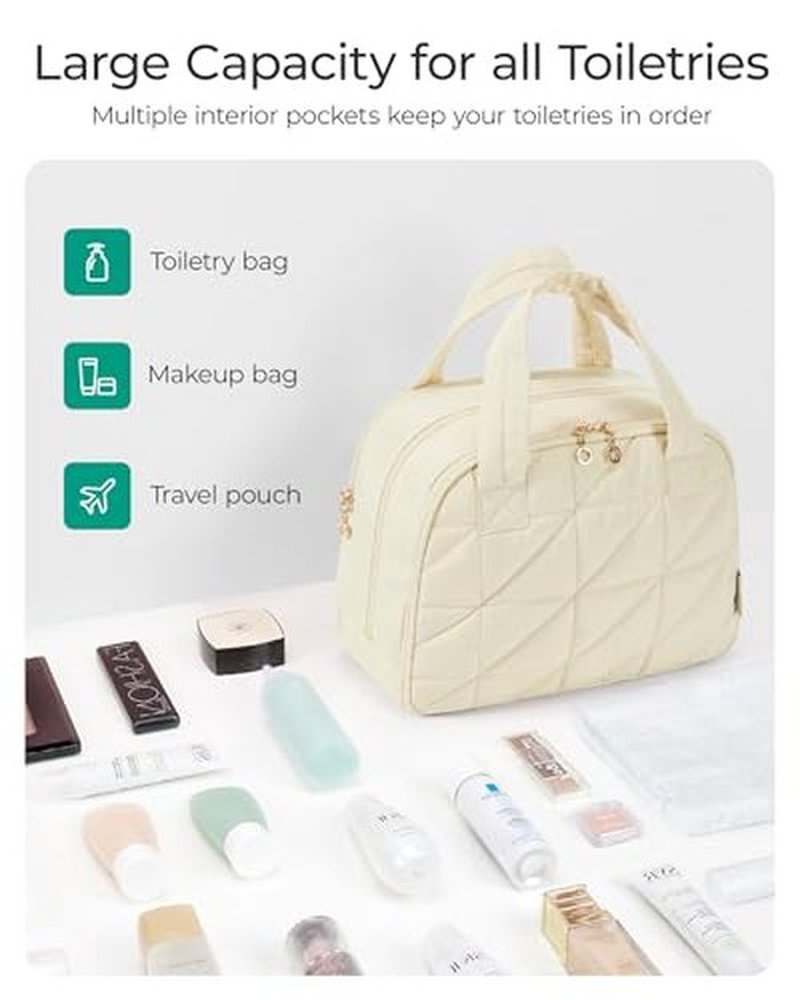 BAGSMART Travel Toiletry Bag, Large Wide-open Travel Bag for Toiletries, Puffy Makeup Cosmetic Travel Bag with Handle-Beige