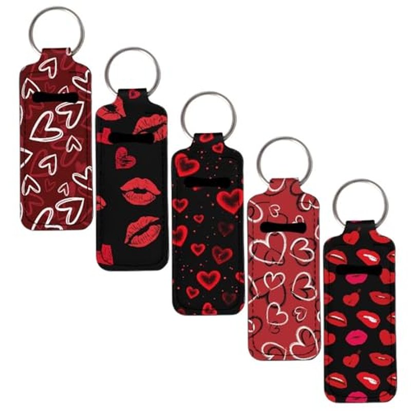 SEANATIVE Lips Heart 5 Pieces Lipstick Keychain Holder Lip Balm Holder Keychain Clip on Sleeve Chapstick Lip Gloss Holder Colorful Lipstick Pocket Keychain Bag Accessories for Women