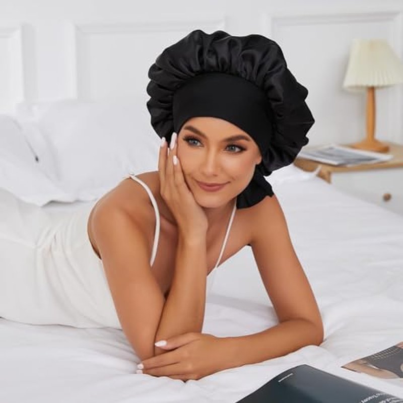 Satin Silk Bonnet Hair Bonnet for Sleeping Jumbo Sleep Cap, Black Bonnet for Women Curly Hair, Double Layer Bonnet with Tie Band