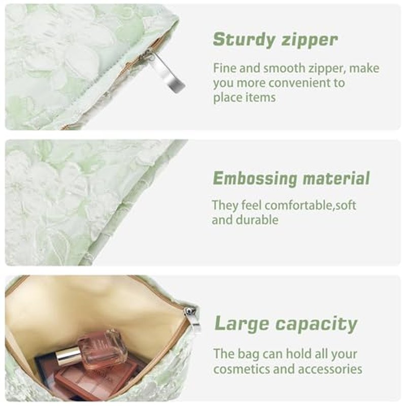 ZLFSRQ Flower Makeup Bag for Women Girls Teens Travel Cute Floral Cosmetic Bags Large Zipper Cosmetic Pouch for Purse Portable Toiletry Bag Aesthetic Embossed Green Makeup Brushes Storage Organizer