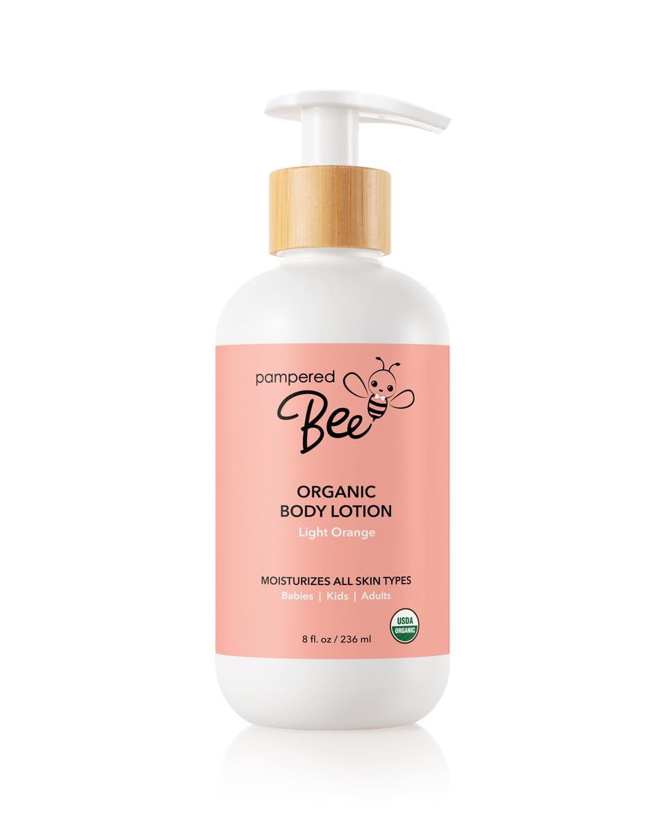 Pampered Bee - Organic Body Lotion (Light Orange) for Babies, Toddlers and Kids, With Capuaçu Seed Butter and Marshmallow Root - Moisturizing, Softening, Hydrating, 8 oz