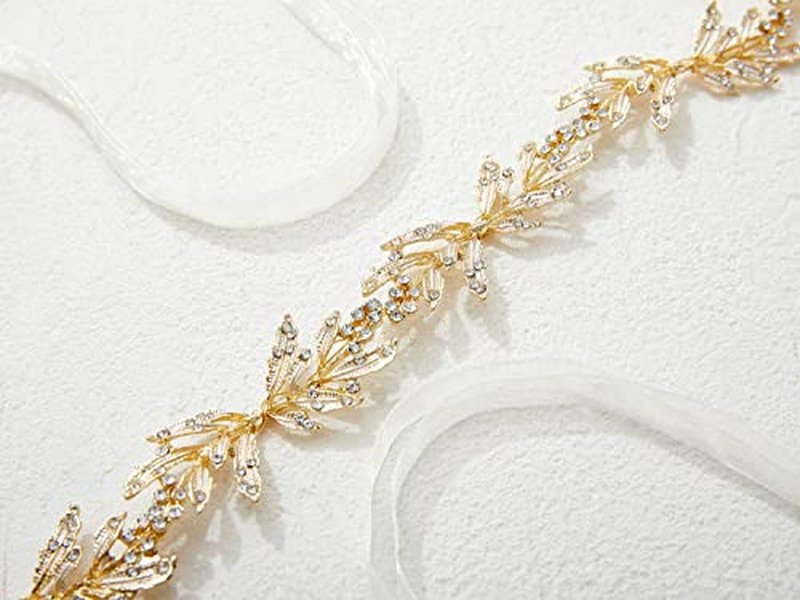 SWEETV Leaf Wedding Headpieces for Bride Flower Girl Gold Bridal Headband with Rhinestones Women Handmade Hair Accessories