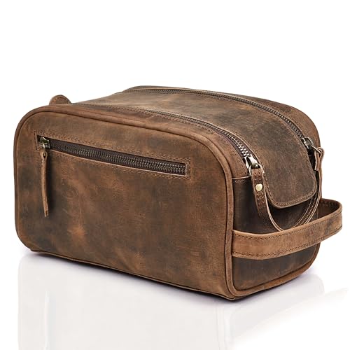 LEATHER VILLAGE Premium Leather Toiletry Travel Pouch With Waterproof Lining - Black | King-Size Handcrafted Vintage Dopp Kit Bag