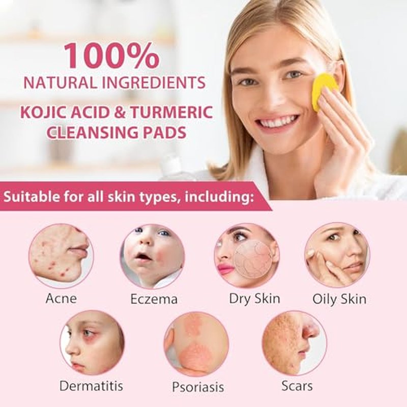 Turmeric Kojic Acid Cleansing Pads for Face and Body 40 PCS(1 Pack), Turmeric Cleansing Pads for Dark Spots, Balance Skin Oil and Water, Gentle & Non-Irritating and Remove Excess Keratin from Skin