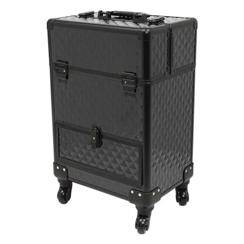 Rolling Makeup Train Case with Storage Sliding Drawer and Removable Divider, Lockable Cosmetic Travel Trolley Case with Wheels Salon Barber Travel Cart Trunk for Nail Tech Hairstylist (Black)