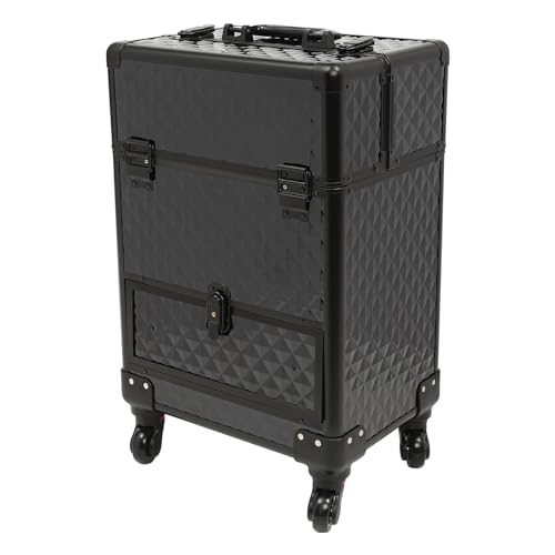 Rolling Makeup Train Case with Storage Sliding Drawer and Removable Divider, Lockable Cosmetic Travel Trolley Case with Wheels Salon Barber Travel Cart Trunk for Nail Tech Hairstylist (Black)