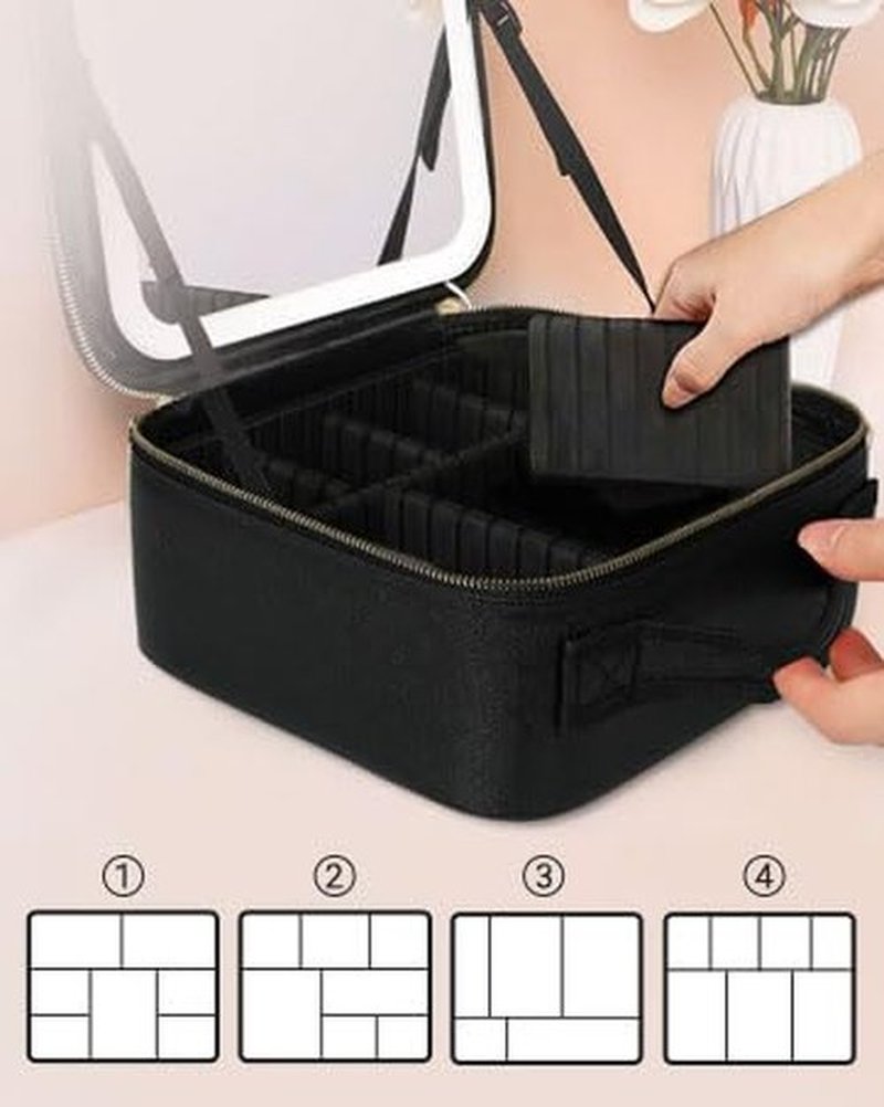 JXAUDEKK Large Capacity Travel Makeup Train Case with LED Mirror,Rechargeable LED Light for Makeup Cosmetic Case with Brushes Storage Organizer,Travel Box Cosmetic Bag for Women (black)