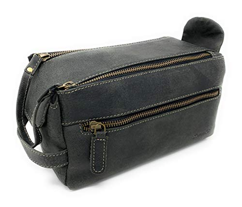 KomalC Large Premium Leather toiletry bag for Men and Women, travel utility Dopp kit wash bag (Black)