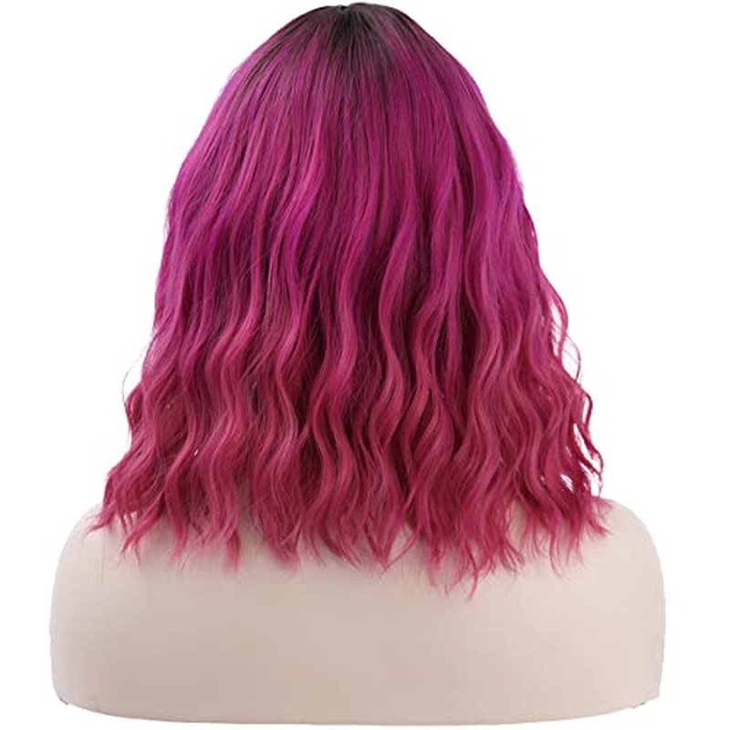 MAGQOO Hot Pink Wig for Women Ombre Hot Pink Bob Wig Short Magenta Wig Bright Pink Curly Wavy Wig with Bangs Dark Roots Synthetic Heat Resistant