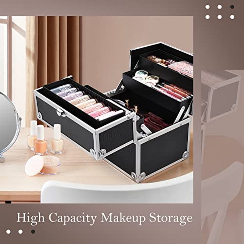 Frenessa Makeup Train Case Cosmetic Organizer Case Professional Makeup Storage Box 4 Trays with Divider Lockable Travel Case Portable Travel Makeup Box for Makeup Artist, Carfter, Cosmetics Black