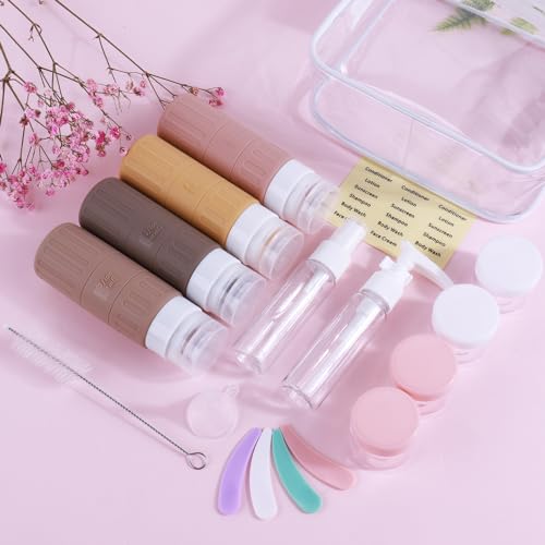 GLAMFIELDS Travel Bottles for Toiletries,TSA Approved 3.3oz Size LeakProof Silicone Toiletry Containers for Shampoo, Conditioner,Easy to Squeeze，Portable Travel Essentials for Lotion(18 Pack) Apricot