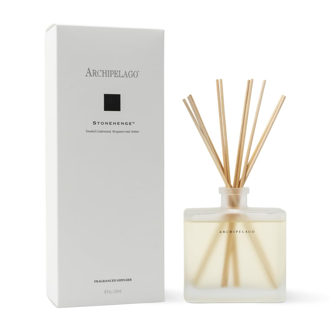 Archipelago Botanicals Stonehenge Reed Diffuser, Home Fragrance Reed Diffuser, Includes Fragrance Oil, Frosted Glass Vessel & 10 Diffuser Reeds, Perfect for Home, Office or Gift, 7.6 Fl Oz
