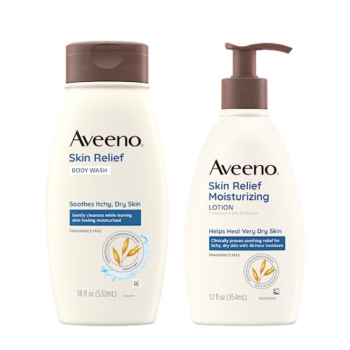 Aveeno Skin Relief Body Care Set, Daily Moisturizing Body Wash for Dry Skin, 18 oz & Skin Relief 24 Hour Moisturizing Body Lotion for Sensitive Skin, 12 oz, Fragrance Free, 2 Pack