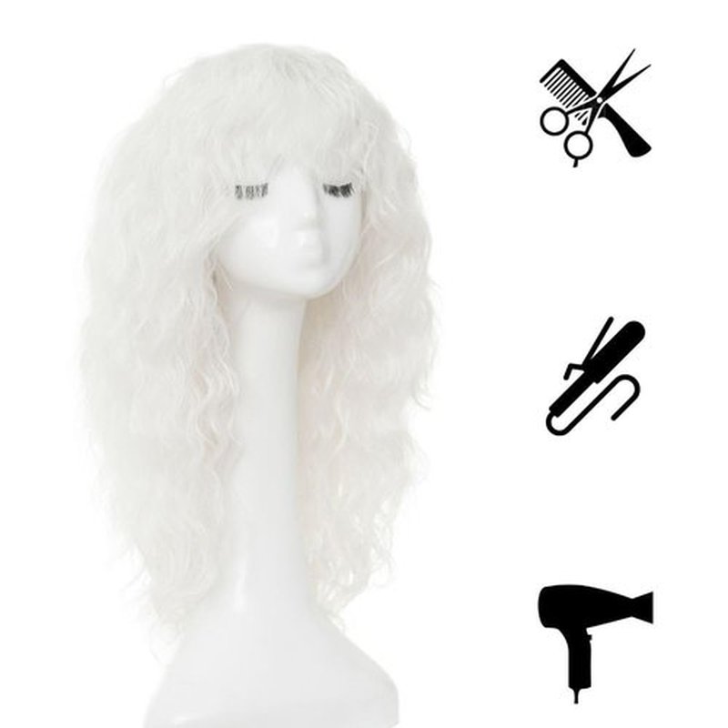 Salaibs White Curly Long Wig for Women with Bangs Fluffy Synthetic Natural Wavy Halloween Cosplay Hair Wigs